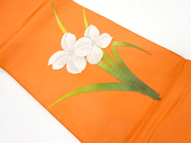 紗草花模様織り出し開き名古屋帯(額縁仕立て)